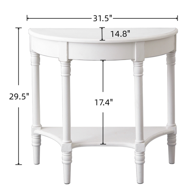 30 Inch Tall White Demilune Console Table, Antiqued Finish 2 Tier Entryway Table