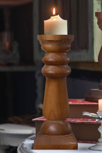 Wood Pillar Candle Holders 14 Inch Tall, Vintage Brown