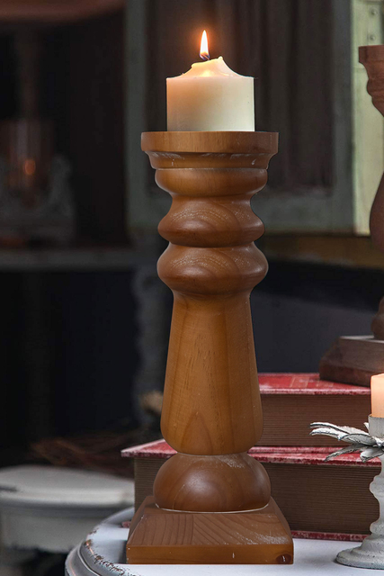 Wood Pillar Candle Holders 14 Inch Tall, Vintage Brown
