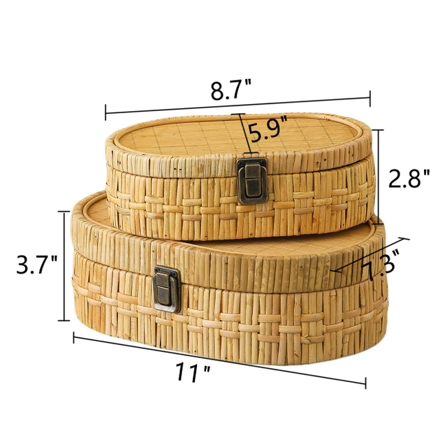 Set of 2 Rattan Box, Oval Decorative Storage Boxes with Lids