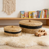 Set of 2 Oval Woven Basket with Lid, Black Trim, Wooden Knobs