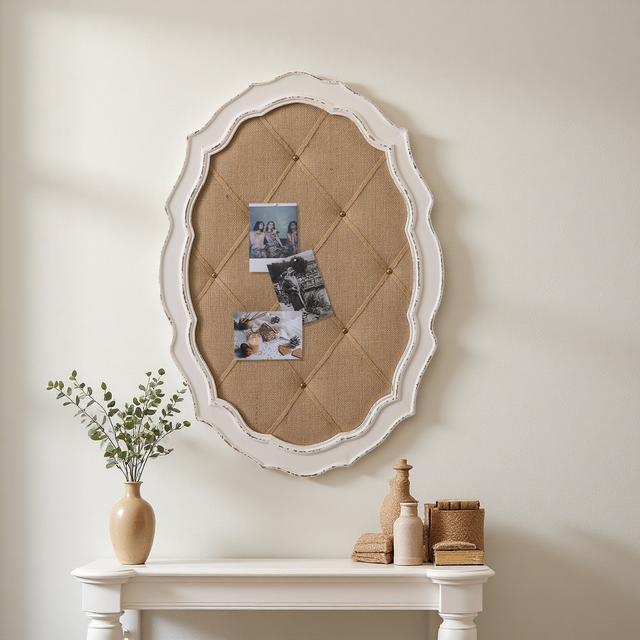 20x28 Oval Burlap Bulletin Board, Scalloped Wood Frame 