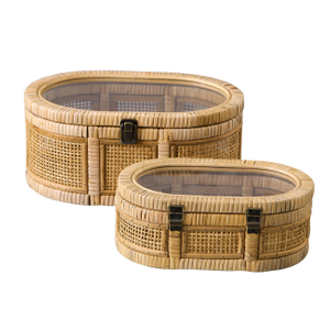 Oval Rattan Boxes with Glass Lid Set of 2, Handwoven Boho Storage Bins