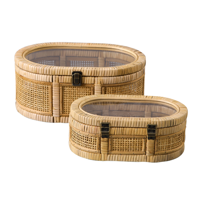 Oval Rattan Boxes with Glass Lid Set of 2, Handwoven Boho Storage Bins