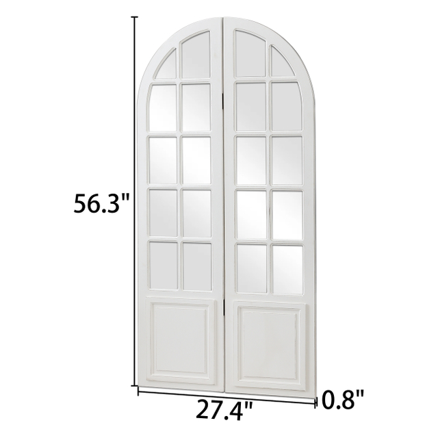 Arched Window Frame Room Divider 2 Panel, 4.7ft / 56 Inches Rustic White Folding Screen with Mirror Panels