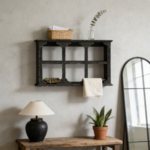 Distressed Black Floating Shelf with Carved Accents, 3-Tier Wall Shelving Unit