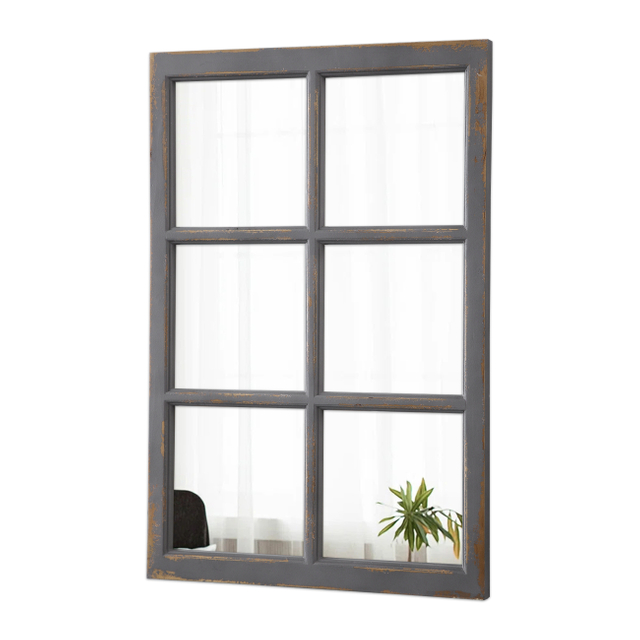 Farmhouse Windowpane Mirror 36 X 24 Inch, Distressed Wood Frame
