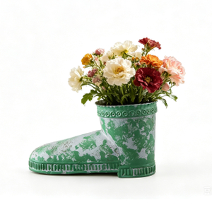 Rustic Boot Planter, Metal Decorative Flower Pots, Distressed Green
