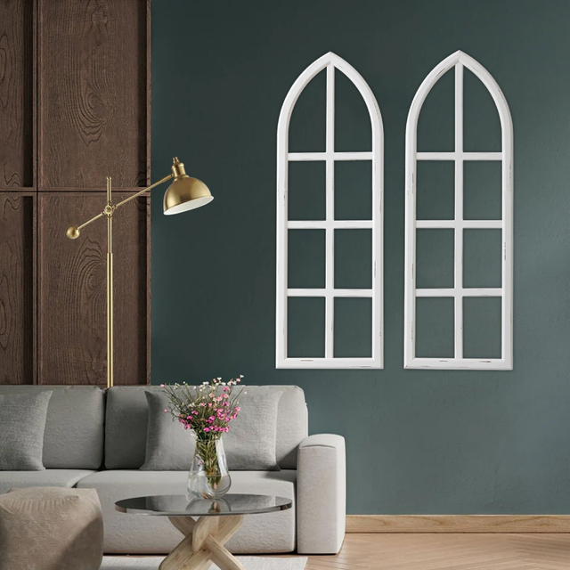 Set of 2 Hanging Rustic White Wood Arched Window Frame Wall Decor