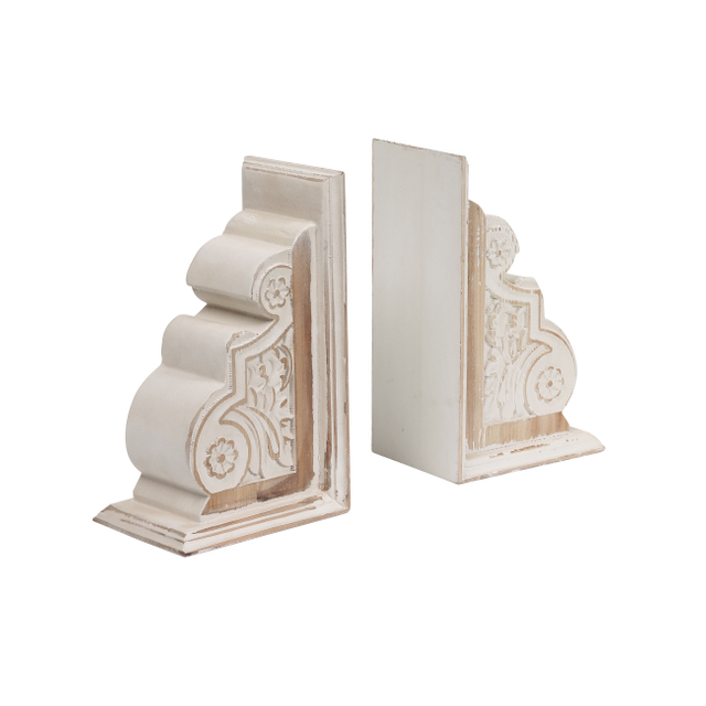 1 Pair Rustic Handmade Distressed White Wood Bookends, Carved Pattern