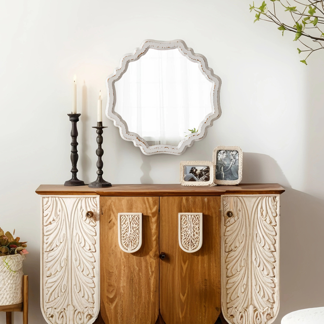 Rustic Scalloped White Round Mirrors for Wall Decor 15.7 Inch
