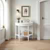 30 Inch Tall White Demilune Console Table, Antiqued Finish 2 Tier Entryway Table