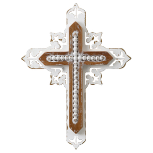 Rustic Wooden Cross for Wall, 11 Inches Tall Decorative Cross with White Metal Overlay and Beaded Detail