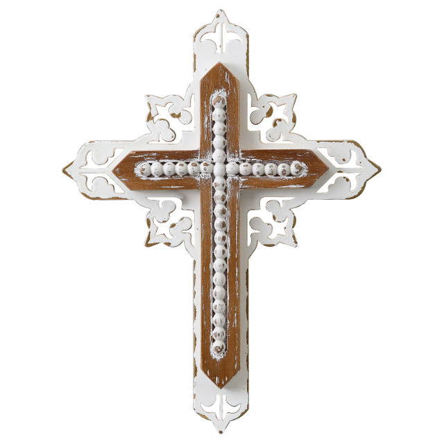 Rustic Wooden Cross for Wall, 11 Inches Tall Decorative Cross with White Metal Overlay and Beaded Detail
