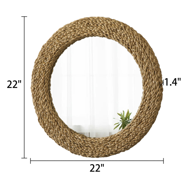 Rustic Circle Wall Mirror 22 Inch, Woven Rope Frame, Coastal