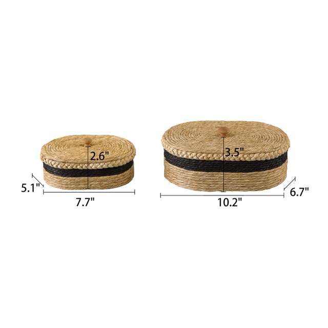 Set of 2 Oval Woven Basket with Lid, Black Trim, Wooden Knobs