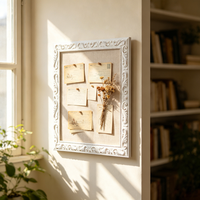 Small Linen Bulletin Board - White Wood Framed Memo Board