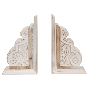 1 Pair Rustic Handmade Distressed White Wood Bookends, Carved Pattern