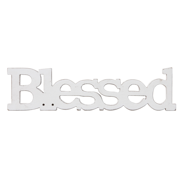Farmhouse Wood Blessed Sign for Table 15", Distressed White