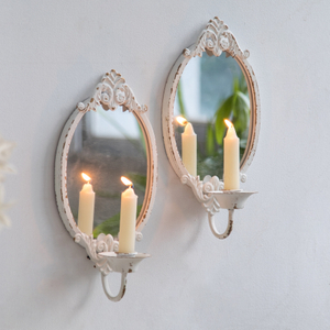 Rustic White Mirrored Wall Candle Sconces Set of Two, Handmade Distressed