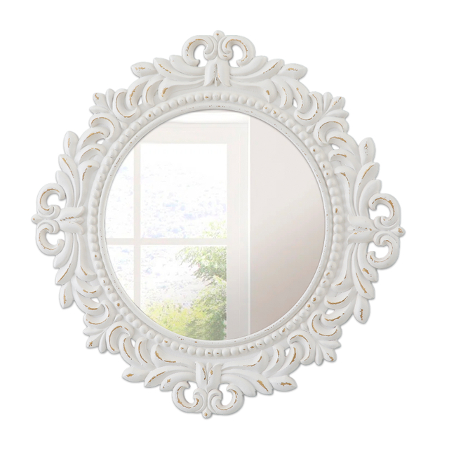 Vintage Wood Circle Wall Mirror 24 Inch, Distressed White