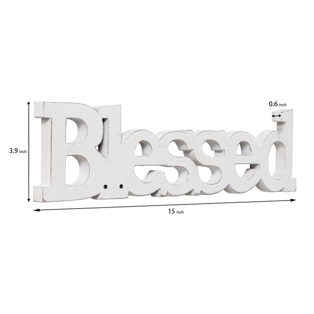 Farmhouse Wood Blessed Sign for Table 15", Distressed White