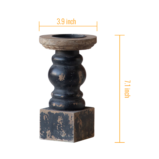 Handmade Shabby Chic Wooden Black Candle Holder, Square Base 7" Tall